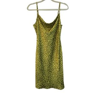 BP Olive Green Satin Slip Dress Animal Print Cowl Neck Mini Y2K Size M